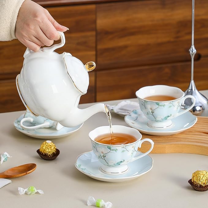 Porcelain Tea Cup and Saucer Set of 6 (12-Piece) – Ceramic 6oz Embossed Floral Cups with Gold Trim, Elegant Set for Afternoon Tea & Gifting