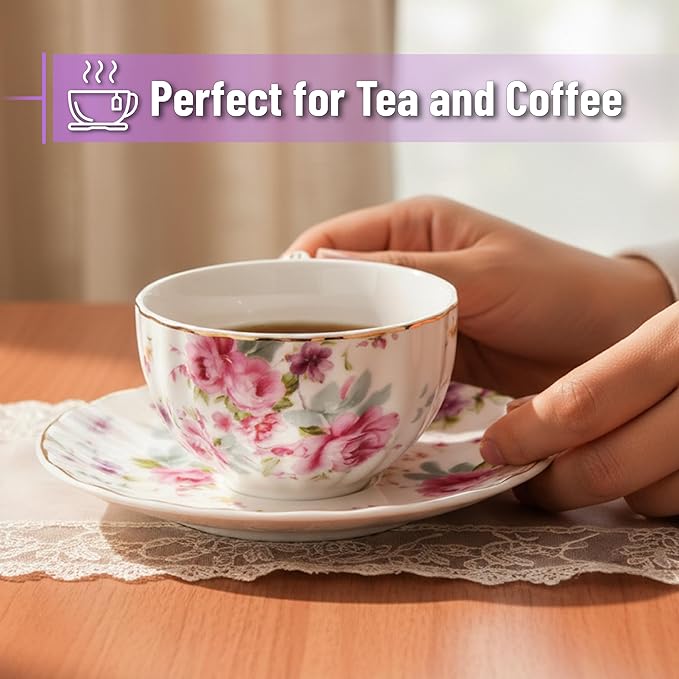 BTaT- Floral Tea Cups and Saucers, Set of 6, 7 oz, Fine Porcelain Teacup Set with Gold Trim for Afternoon Tea, Weddings, Parties & Gifting, Dishwasher Safe and Freezer Safe