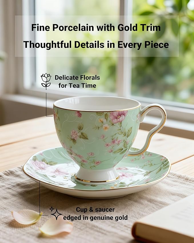 Exquisite Bone China Tea Cups and Saucer Set – Elegant Porcelain Tea Cups, Beautifully Detailed for Tea Lovers, Gift-Ready for Christmas, Hostess, Holiday Gift & Fall Decor