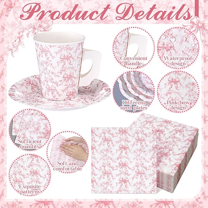 Pickmesh 252 Pcs Pink Bow Floral Tea Party Supplies for 36 Guests Flower Paper Disposable Dinnerware Flower Teacup with Handle and Saucers Set for Tea Party Decorations Birthday Baby Shower Wedding