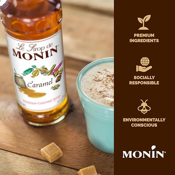 Monin - Caramel Syrup, Rich and Buttery, Great for Desserts, Coffee, and Cocktails, Gluten-Free, Non-GMO (1 Liter, 4-Pack)