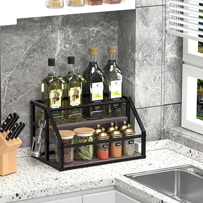 Coffee Syrup Rack Organizer, Syrup Bottle Holder Stand for Coffee Bar, 2-Tier 8 Bottles Storage Shelves for Syrup, Wine, Dressing for Kitchen Countertop, Grey