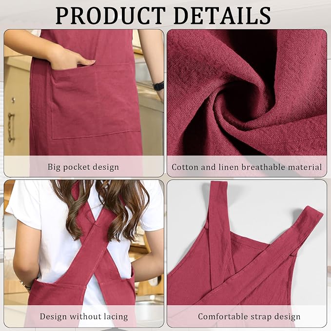 Japanese Style Apron, X Cross Back Strap Aprons, Linen and Cotton Blend Apron, No Tie Design with 2 Practical Front Pockets, Perfect for Women Men Baking Painting Gardening Cleaning (Red) - Image 6