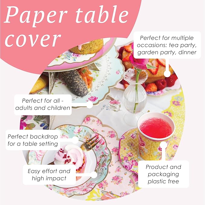 Talking Tables ﻿Floral Paper Table Cover Disposable Tablecloth For Mother's Day Afternoon Tea Party Decoration For Birthday, Bridal Party, Baby Shower, Wedding, Rectangular, 70" x 47" Pink & Yellow