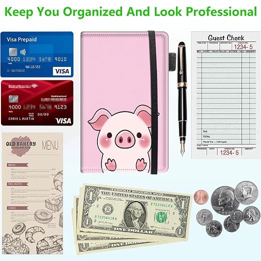 Server Books for Waitress, 5x9 Inch Waitstaff Server Order Pads, 11 Large Pockets, Cute PU Leather Waitress Book Server Wallet with Elastic Band Fit Server Apron,Cute Pig - Image 5