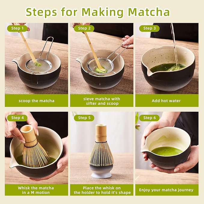 Matcha Whisk Set, Matcha Set Includes 2X Matcha Whisk, Matcha Bowl and Chasen Holder, Bamboo Scoop, Scoop Rest, Sifter - 7 Pcs Matcha Kit for Tea Ceremony, Gift for Matcha Lover (Black to White)