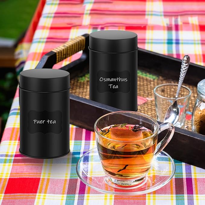 Tanlade 3 Pcs Tea Tin Canister Metal Round Can with Airtight Lid Double Sealed Tea Tin Canisters, with 1 Erasable Chalk Marker and 16 Stickers for Loose Leaf Coffee Sugar, 14 oz