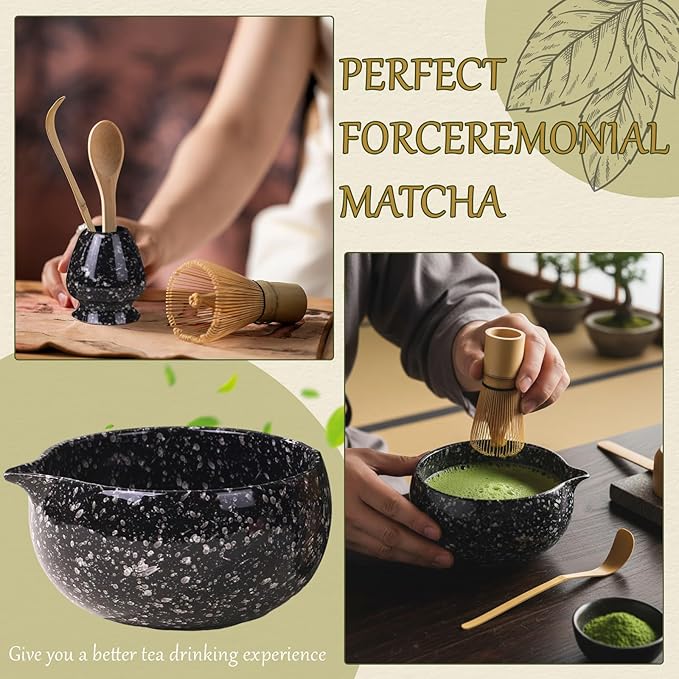 8 Pcs Matcha Whisk Set Chasen Matcha Whisk Bamboo Bowl with Spout Sifter Spoon Scoop Whisk Holder Bamboo Mat Complete Matcha Making Kit (9pcs-black)