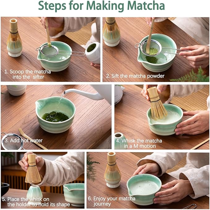 Japanese Matcha Set, Matcha Bowl with Spout, Matcha Whisk and Holder, Bamboo Matcha Scoop and Stainless Steel Sifter - 5 Pcs Gradient Green Matcha Kit for Matcha Lover