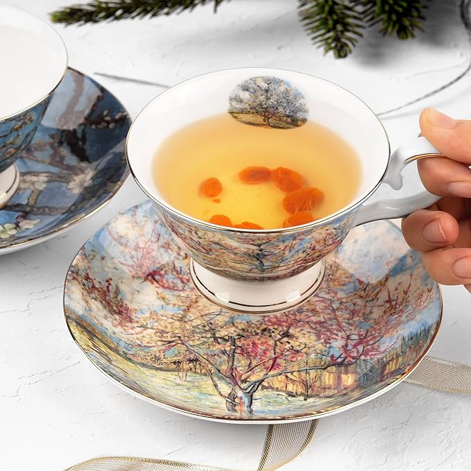 Floral Tea Cups Saucers Set of 2, Bone China 7 oz British Teacups Porcelain Coffee Cup for Rose Tea Cappuccino Espresso Latte (Apricot & Peach Blossom)