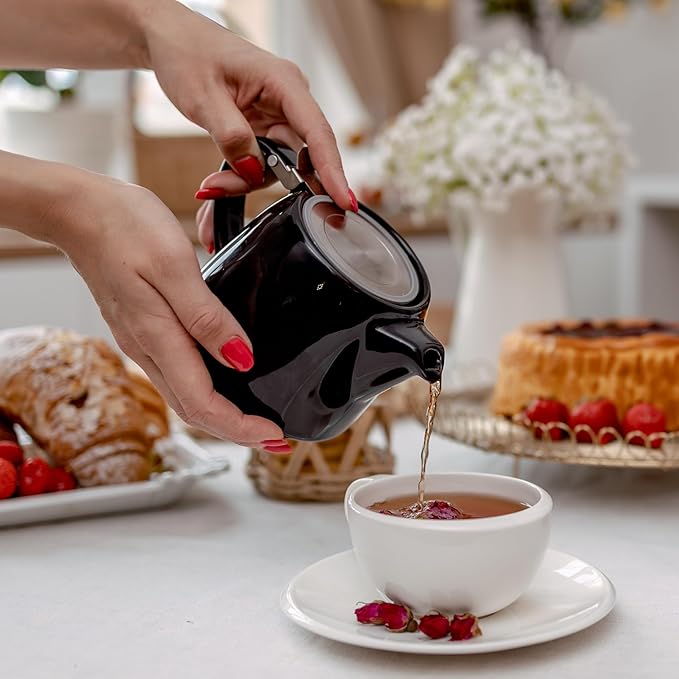 ORNA Ceramic Teapot with Tea Infuser – Small Tea Pot for Loose Leaf Tea – 550ml / 18.6 Oz Porcelain Non-Stove Teapot for 2 Cups with Tea Strainer (Black)