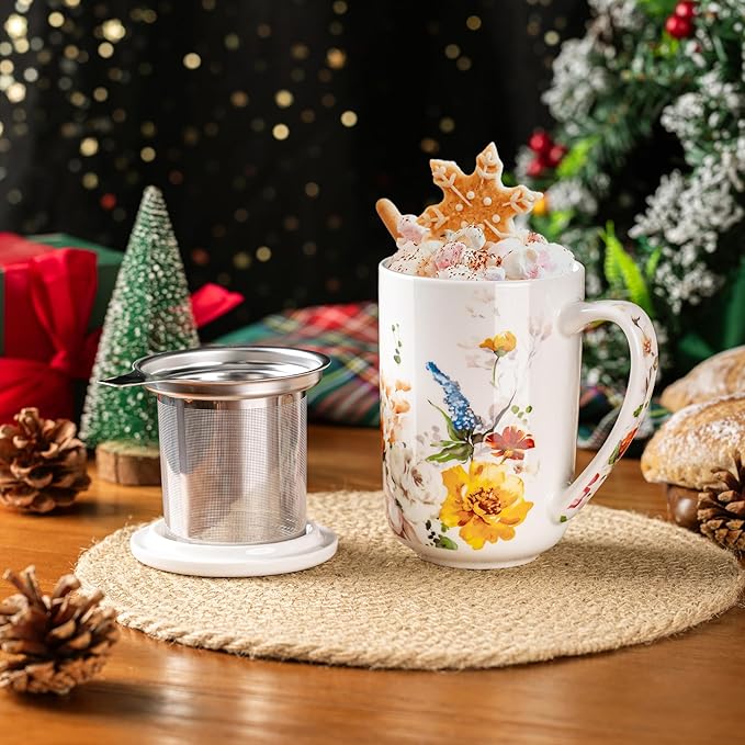 GBhome Tea Mug with Infuser and Lid, 18 Ounce Large Ceramic Loose Leaf Cup, Microwave, Dishwasher Safe, Perfect For Tea Lovers