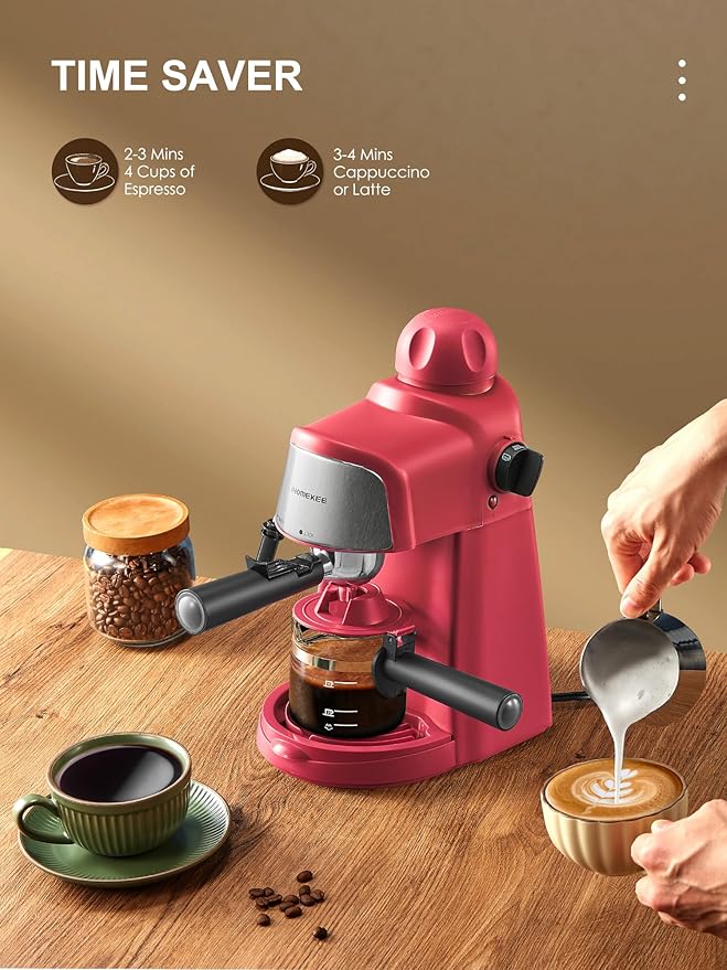Espresso Machine, 3.5Bar Espresso and Cappuccino Machine with Preheating Function, 4 Cup Coffee Maker with Milk Frothing Function and Steam Wand (Red), CM6810