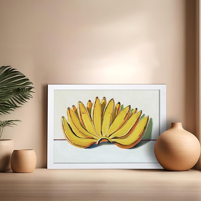 Poster Master Vintage Food & Drink Poster - Retro Banana Oil Painting Print - Banana Art - Gift for Vegan, Vegetarian, Foodies - Perfect Decor for Bakery, Home, Kitchen, 16x20 White Framed