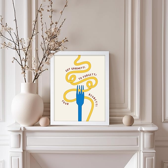Poster Master Spaghetti Poster - Eat Spaghetti To Forgetti Your Regretti Print - Food & Drink Art - Gift for Chef, Cook - Fun Decor for Restaurant, Kitchen, Dining Room, 11x14 White Framed