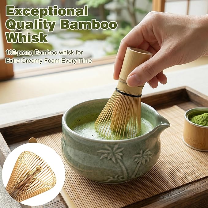Matcha Whisk Set, Ceramic Matcha Kit Set Includes Matcha Bowl, Matcha Whisk and Holder, Bamboo Scoop, Scoop Rest, Sifter and Tea Towel - 7 Pcs Matcha Kit for Matcha Lovers (Matcha Green Coconut Tree)