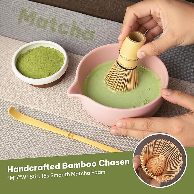 Pink Matcha Whisk Set 5pcs Matcha Set With A Bowl, Mini Whisk And Holder, Bamboo Scoop And Stainless Steel Sifter Perfect Matcha Kit For Gifts