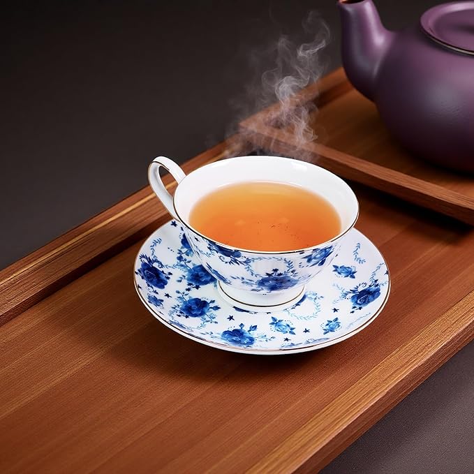 Tea cup and Saucer Set Royal Garden Style Tea Coffee Cup with Saucer 7 Ounces Bone China Teacup and saucer Set (Blue flower)