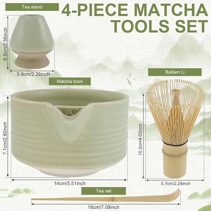 4Pcs Matcha Whisk Set, Matcha Set, Matcha Whisk and Bowl, Matcha Whisk Holder, Japanese Matcha Tea Set, Ceramic Matcha Bowl with Pouring Spout for Tea Lovers Matcha