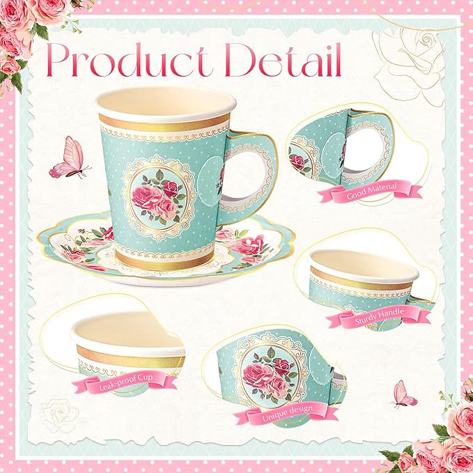 Domensi 60 Pieces Tea Party Decorations Include 30 Pcs 9 oz Paper Cups with Handle and 30 Pcs Tea Party Paper Plates Disposable Blossom Teacups and Saucers for wedding Favors(Assorted Style)