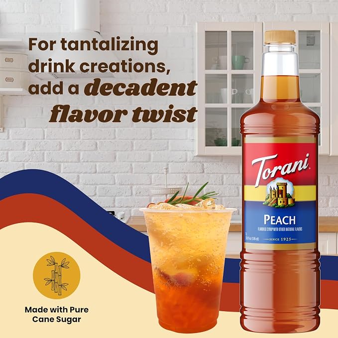Torani Peach Syrup 1 Liter Bottle with Pump – Premium Drink Flavoring Made with Pure Cane Sugar & Natural Flavors for Lemonades, Teas, Cocktails, Mocktails & Desserts – Sweet Juicy Peach Sweetener - Image 7