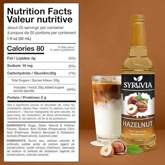 Syruvia Coffee Syrup, Hazelnut Flavored Syrup for Drinks, Lattes, and Desserts – 25.4 fl oz