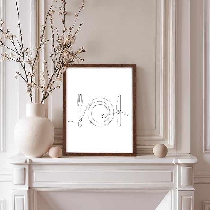 Poster Master Vintage Minimalist Poster - Retro Illustration Print - Fork, Plate, Knife, Line Drawing, Simple - Gift for Artist, Friend - Wall Decor for Kitchen, Restaurant, 8x10 Brown Framed