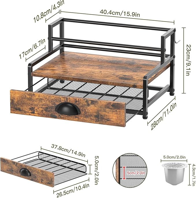 Coffee Syrup Rack Organizer, 3 Tier Countertop Storage Shelves with 35 K Cup Drawer, 8 Syrup Bottle Stand Holder for Wine, Kitchen Coffee Station Organizer Rack, Rustic Brown