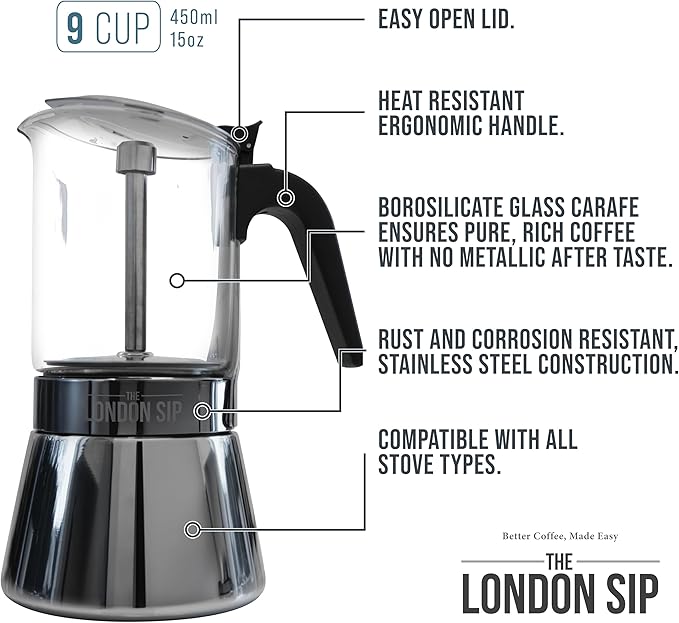 The London Sip Glass and Stainless Steel Stovetop Espresso Maker, Moka Pot Italian Coffee Percolator, Large (15.2 oz)