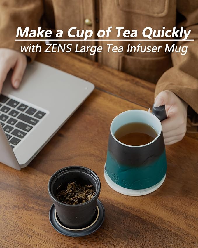 ZENS Tea Mug with Infuser and Lid for Loose Leaf Tea Steeper, 15.2oz Wood Handle Ceramic Tea Cup with Fine Strainers and Absorb Coaster for Tea Lovers Gifts