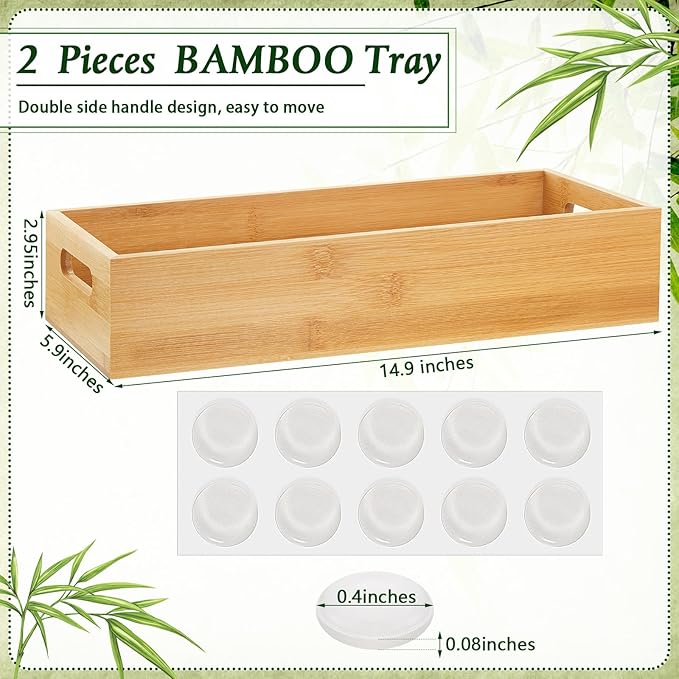 2 Pcs Wood Toilet Paper Basket Bamboo Toilet Paper Tank Topper Wooden Tray for Bathroom Bamboo Organizers and Storage with Handles Kitchen Box with 10 Pcs Silicone Non Slip Pad for Pantry