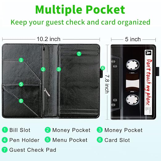 Server Books for Waitress, with 7 Large Pockets, Waiter Serving Book, Waitstaff Server Order Pads, Cute PU Leather Server Book with Pen Holder Fit Server Apron, Cassette Tape Don't Touch My Phone - Image 3