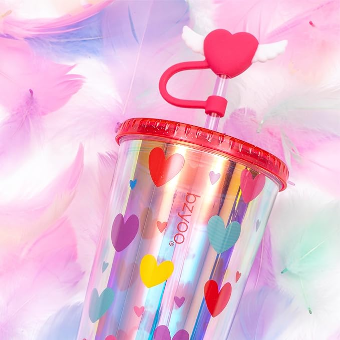 bzyoo 24 oz SIP Tumbler with Heart-Shaped w/Wing Straw Cap Cover – Cute Heart Design Iridescent Tumbler, BPA-Free Cup with Lid and Straw, Perfect for Iced Coffee, Tea, Party and Gift