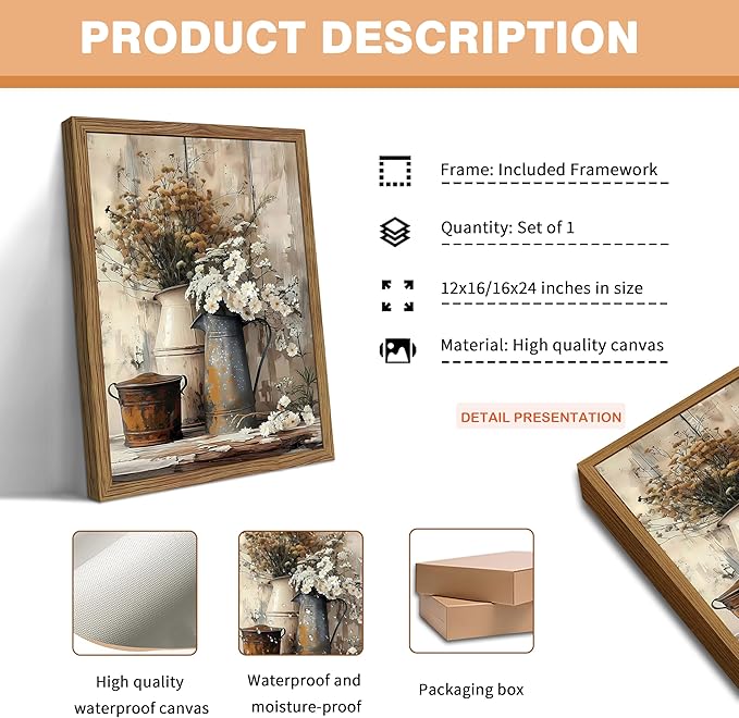 YHCTHT Framed Farmhouse Rustic Daisy Canvas Wall Art – Vintage Country Floral Wall Decor, White Jasmine and Rust Watering Can Prints for Living Room Bedroom Bathroom Decoration – 12x16in