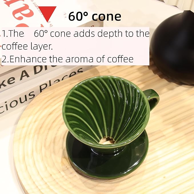 Ceramic Pour Over Coffee Dripper includes 50 Filters Porcelain Coffee Maker 01 Hand Drew Brewing Pottery Green Portable Artisanal Manual Gift for 1-2 People Home, Office, School, Camping