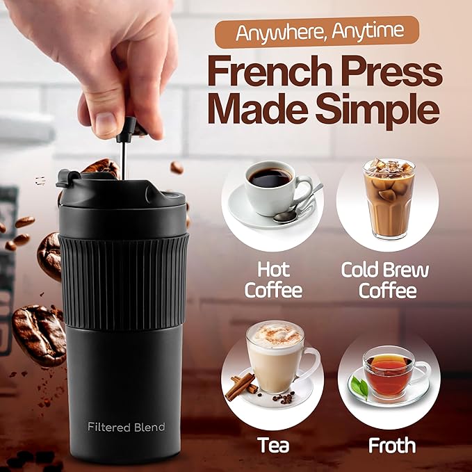 15oz Double Wall Stainless Steel Insulated French Press Coffee and Tea Maker - Portable Camping Mug and Tumbler - Heat Retaining, Leak-Proof, Travel-Friendly for Office and Outdoor Adventures (Silver)