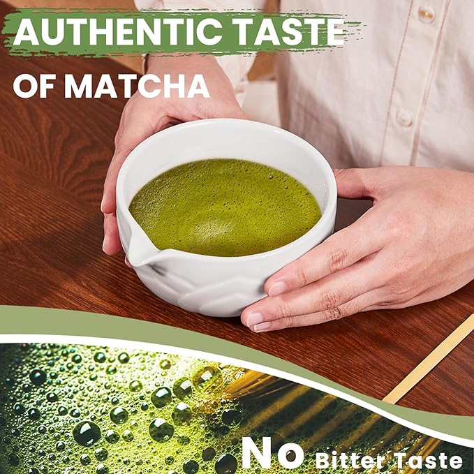 Matcha Whisk Set, Lotus White Ceramic Matcha Set Includes Matcha Bowl, Matcha Whisk (Chasen) and Holder, Sifter, Bamboo Scoop & Spoon - 6 Pcs Matcha Kit for Matcha Lovers