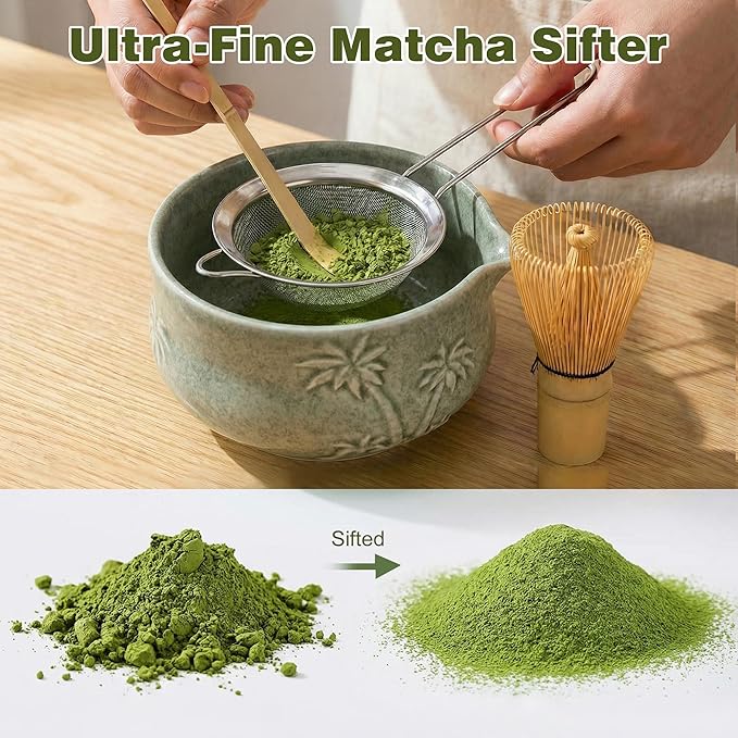 Matcha Whisk Set, Ceramic Matcha Kit Set Includes Matcha Bowl, Matcha Whisk and Holder, Bamboo Scoop, Scoop Rest, Sifter and Tea Towel - 7 Pcs Matcha Kit for Matcha Lovers (Matcha Green Coconut Tree)