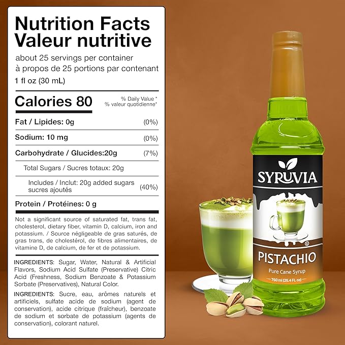 Syruvia Coffee Syrup, Pistachio Flavored Syrup for Drinks, and Desserts – 25.4 fl oz, With Pump