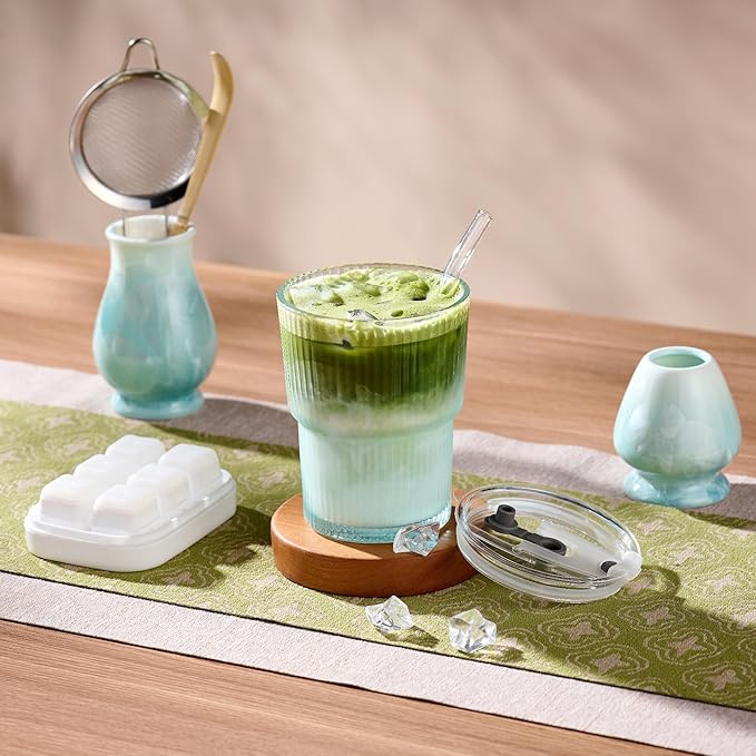 Matcha Whisk Set – Crystalline Glaze Bowl, Bamboo Whisk & Holder, Scoop & Sifter with Holder, Cup with Lid & Straw, Ice Cube Tray & Tea Towel – Blue Matcha Gift Set for Women, Women Gifts