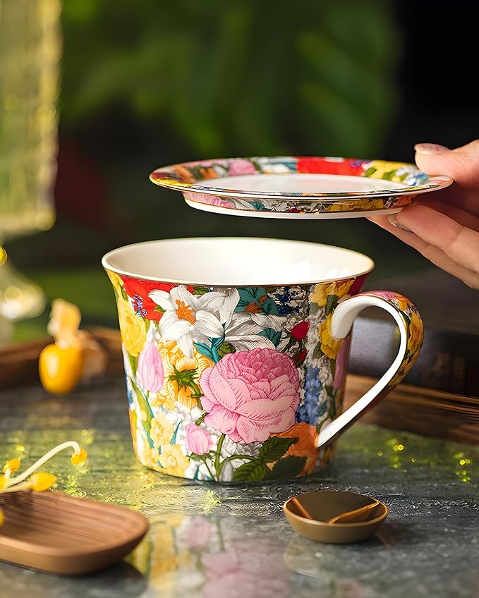 15oz Ceramic Coffee Mug – French Vintage Garden Style Cup with Multicolor Floral Design & Gold Rim, Artistic Pottery Gift Mug for Women