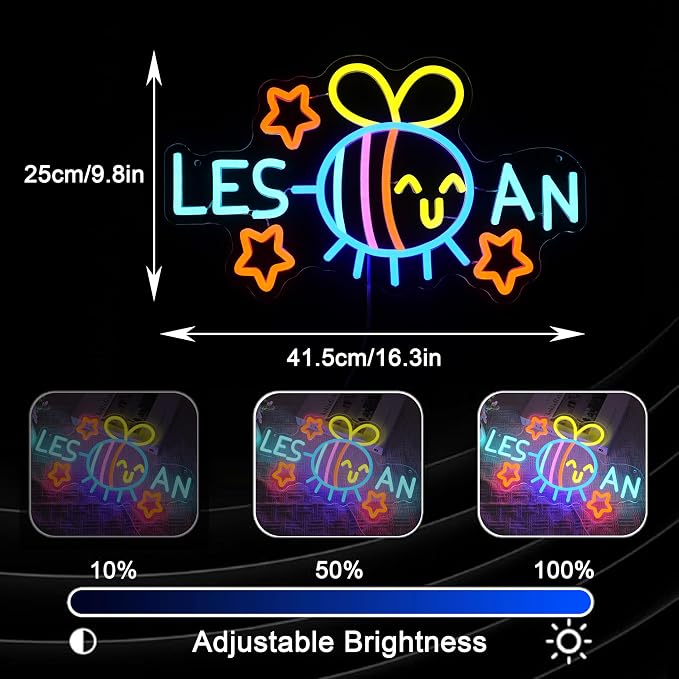 Bee Star Lesbian Neon Sign Dimmable Funny LGBTQ Pride Light up Sign for Wall Decor 5V USB Power Rainbow Bee Neon Light for Bedroom Living Room Store Gay Bar Club Party Girls Gift(16.3*9.8 In) - Image 4