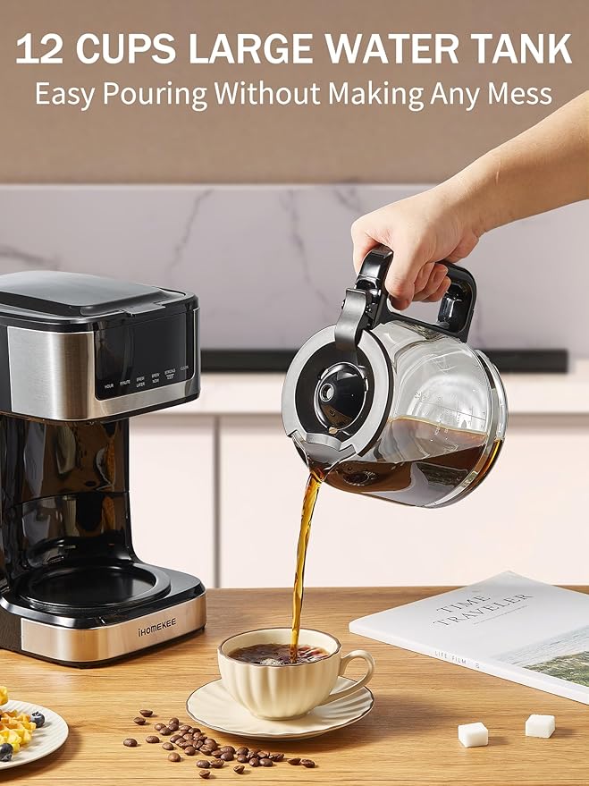 Coffee Maker, Programmable Drip Coffee Maker 12 Cup, Regular & Strong Brew Drip Coffee Machine with Iced Coffee Function for Home and Office, Black & Stainless Steel (Black,Silver)