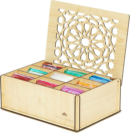 RoyalHouse Premium Wood (Hard MDF) Tea Storage Box Organizer (White), Eco-Friendly Multi-Functional Decorative Box, 9 Compartments For Assorted Variety Of Tea Bags and Small Items