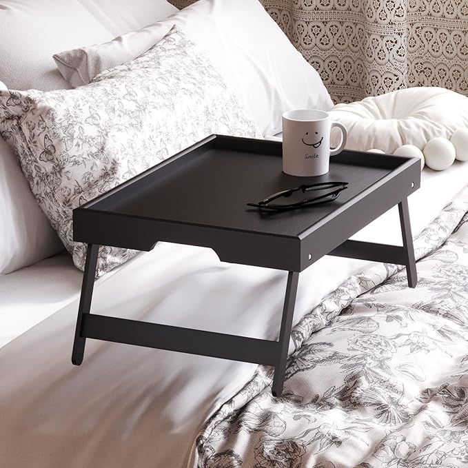 4 Pack Bamboo Bed Tray Table with Folding Legs,Breakfast Trays,Serving Tray,Laptop Trays for Working,Food Snack Tray for Bed and Sofa(Black)