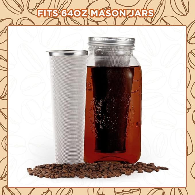 2 Pcs Cold Brew Coffee Filter Stainless Steel Filter Coffee Tea Infuser Strainer Canning Jar Mesh for Wide Mouth Mason Canning Jar, Iced Tea Maker (1 Quart)