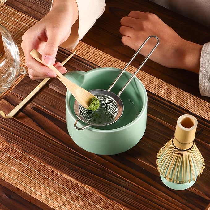 Matcha Whisk Set,Bamboo Matcha Whisk (Chasen),Traditional Scoop(Chashaku),Stainless Steel Sifter,Tea Spoon,Ceramic Holder,Japanese Tea Tools For Ceremony