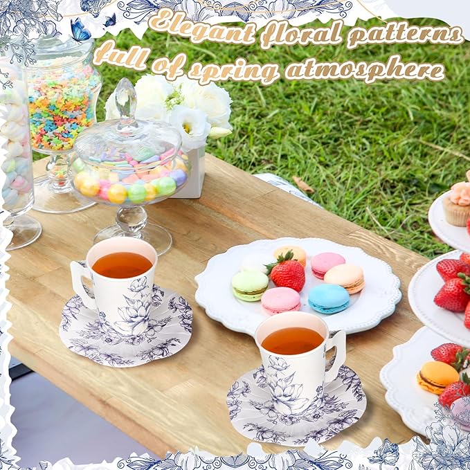 Vesici 150 Pcs Floral Tea Party Decorations for Table 9 oz Disposable Paper Tea Cups with Handles Plates, Saucers and Napkins Set for Spring Party Girl Birthday Wedding Mothers Day(Charming Style)