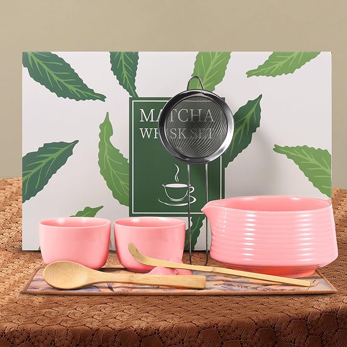 HELPLX Matcha Whisk Set, 10-Piece Japanese Matcha Kit with Bowl, Whisk & Holder, 2 Tea Cups, Bamboo Scoop, Spoon, Sifter, Scoop Rest & Tea Towel – Pink Matcha Tea Set for Ceremony or Daily Use