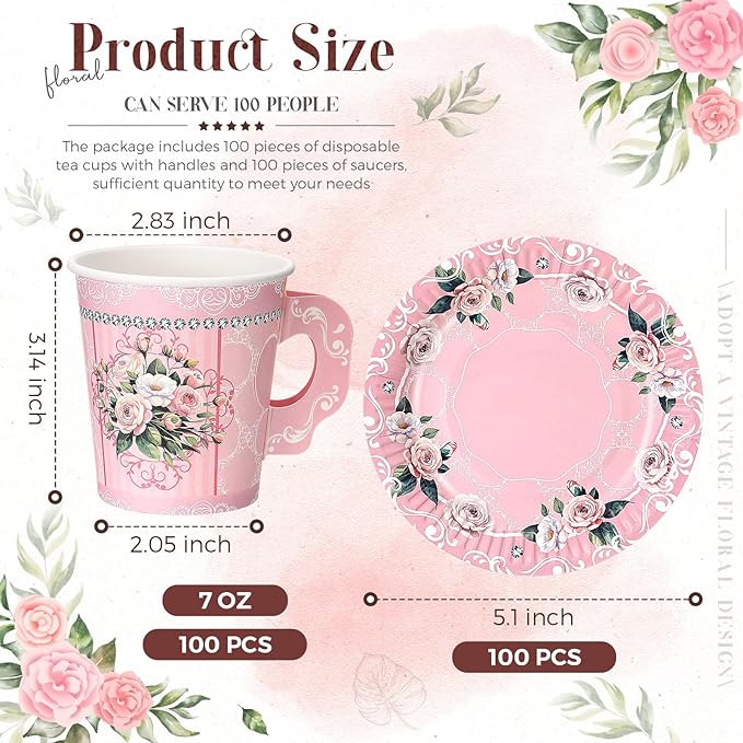 200 Pcs Floral Paper Tea Cups and Saucers 7 oz Disposable Tea Party Decorations Vintage Cute Paper Tea Cups and Plates with Handles for Girls Wedding Baby Bridal Shower Birthday, Serve 100(Pink)